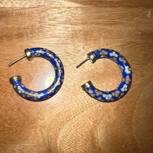 Vintage Cloisonné Blue Floral Hoop Earrings